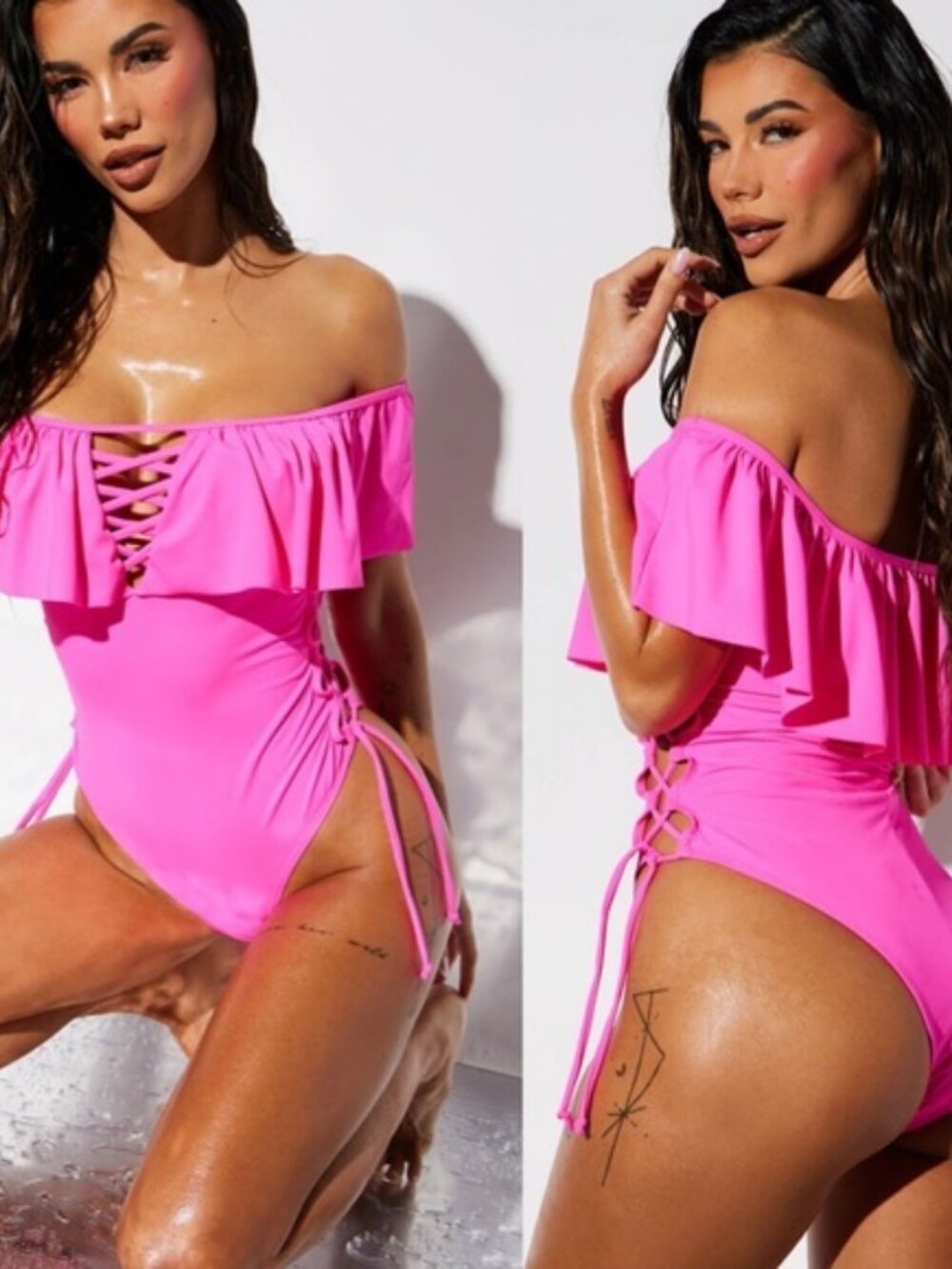 NEW Lace Up Off the Shoulder One Piece Swimsuit Barbie Hot Pink Size Small